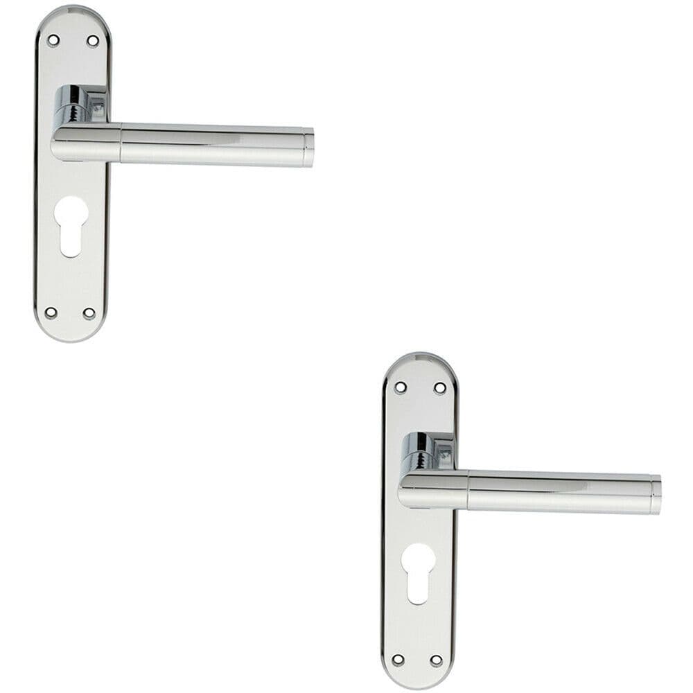 2x Round Bar Lever on Euro Lock Backplate Door Handle 180 x 40mm Polished Chrome