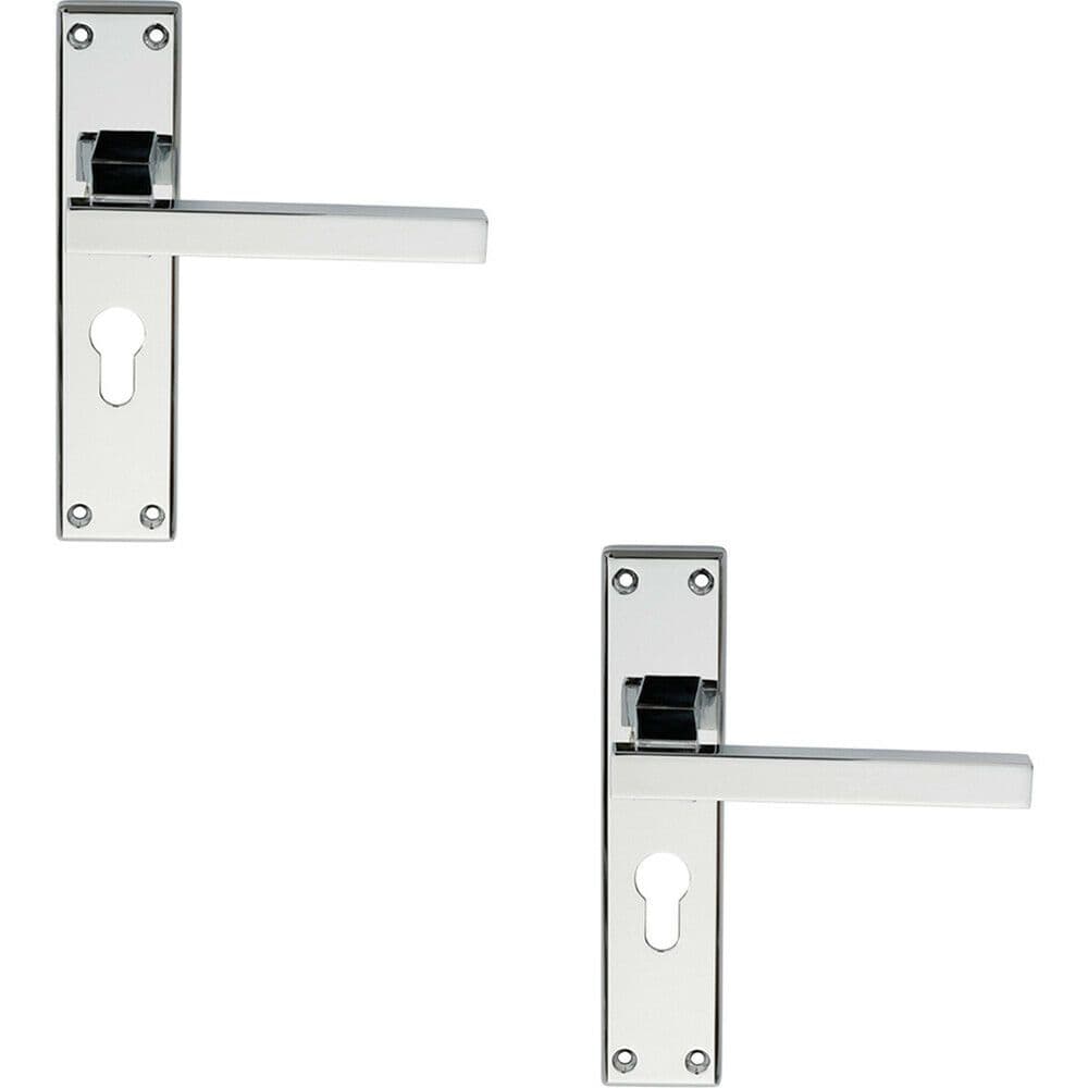2x PAIR Straight Square Lever on Euro Lock Backplate 180 x 40mm Polished Chrome