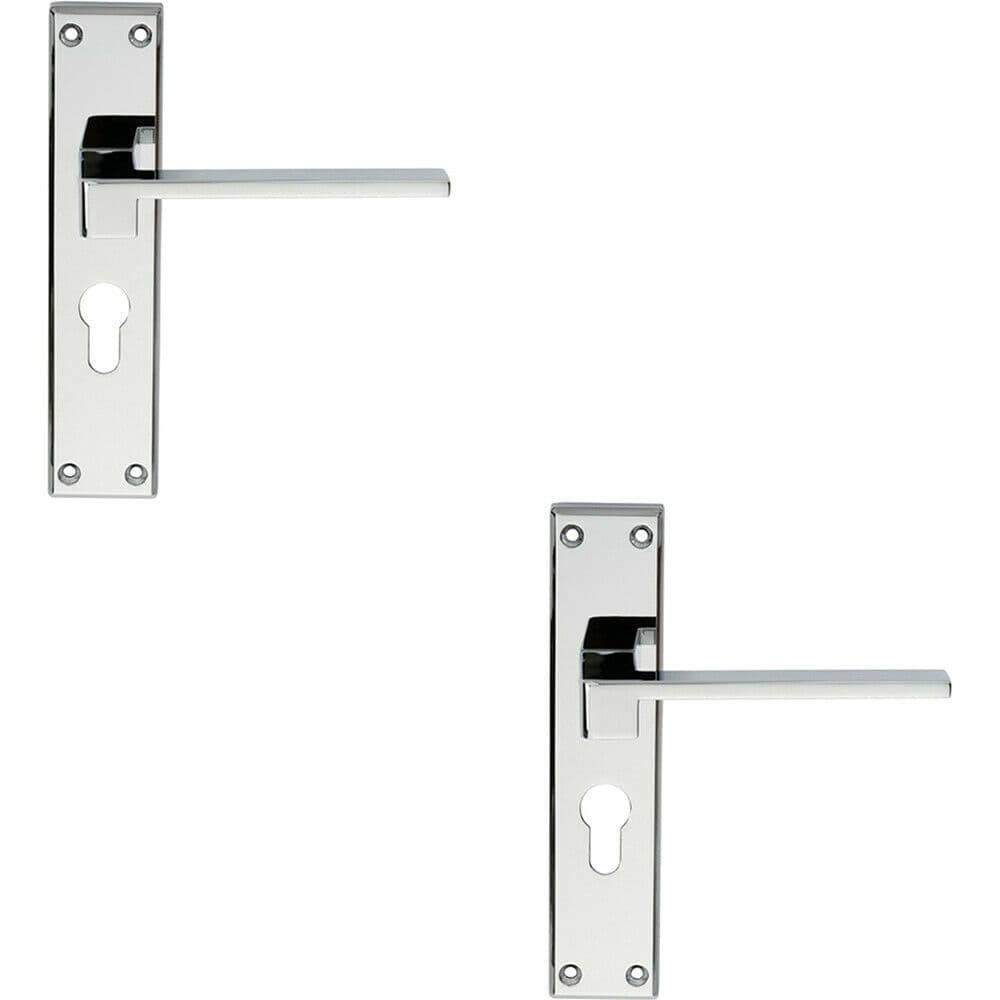 2x PAIR Flat Straight Lever on Euro Backplate Handle 180 x 40mm Polished Chrome