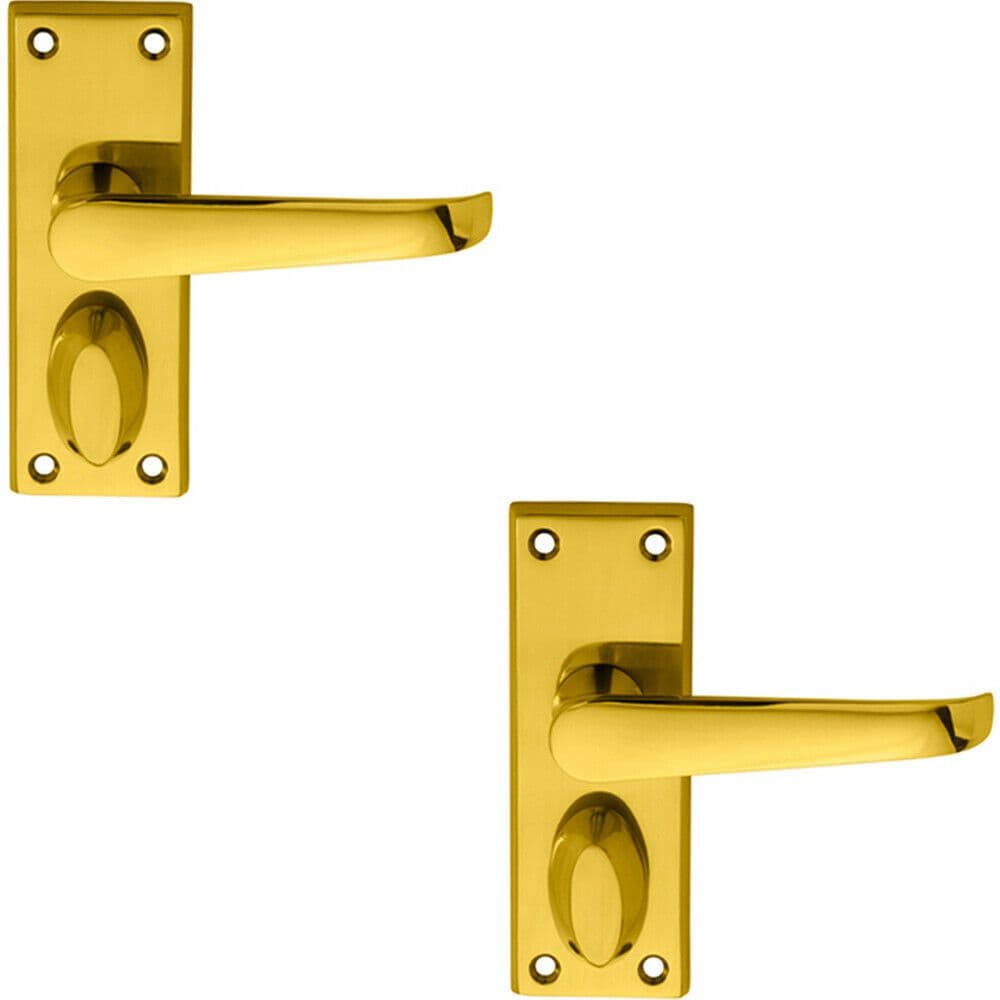 2x PAIR Straight Handle on Short Privacy Backplate 118 x 42mm Polished Brass