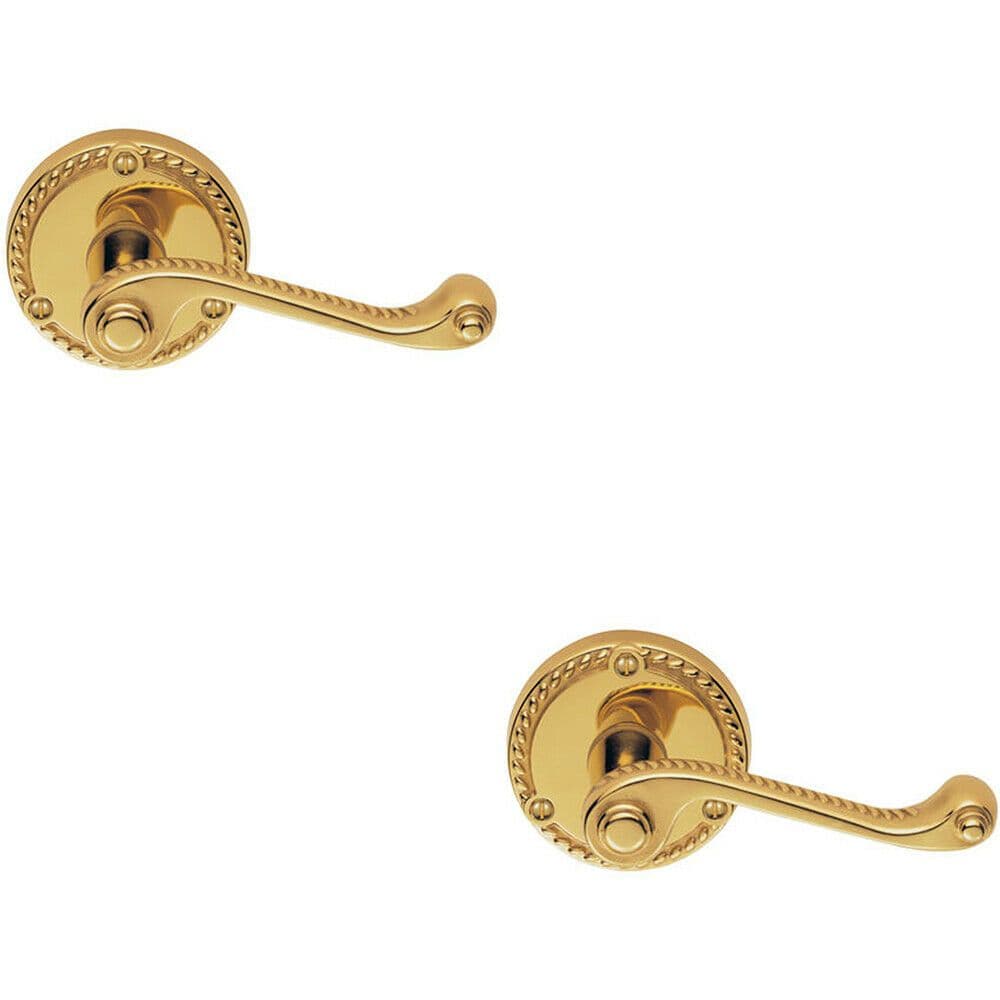 2x PAIR Georgian Scroll Handle on Round Rose Rope Design Pattern Polished Brass