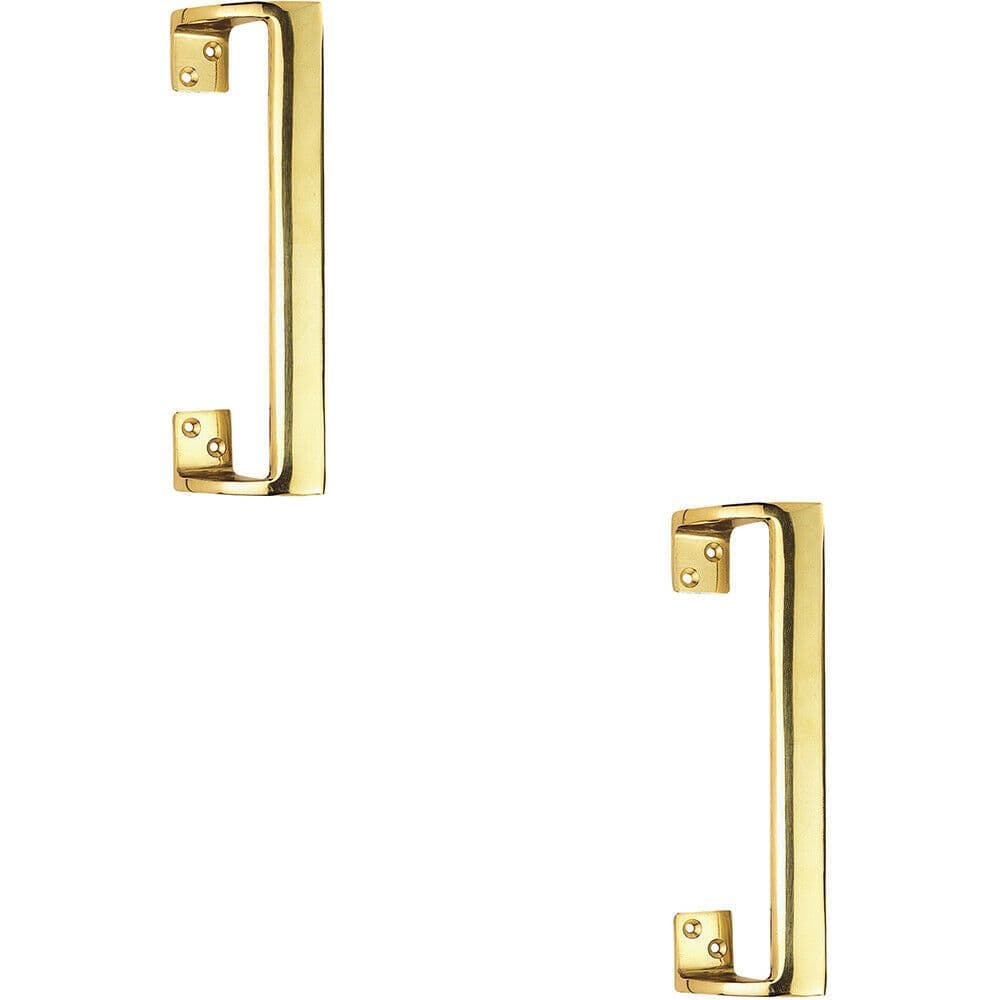 2x Cranked Oval Grip Door Pull Handle 225mm Length 46.5mm Proj Polished Brass