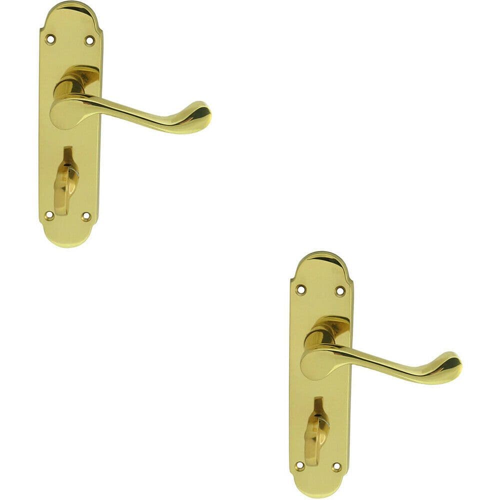 2x PAIR Victorian Upturned Lever on Bathroom Backplate 170 x 42mm Polished Brass