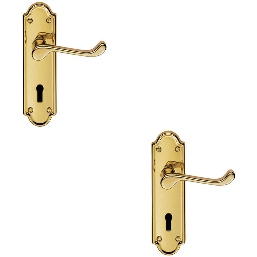 2x PAIR Victorian Upturned Handle on Lock Backplate 168 x 47mm Polished Brass