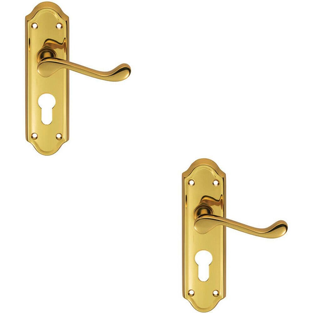 2x PAIR Victorian Upturned Lever on Euro Lock Backplate 168 x 47mm Brass