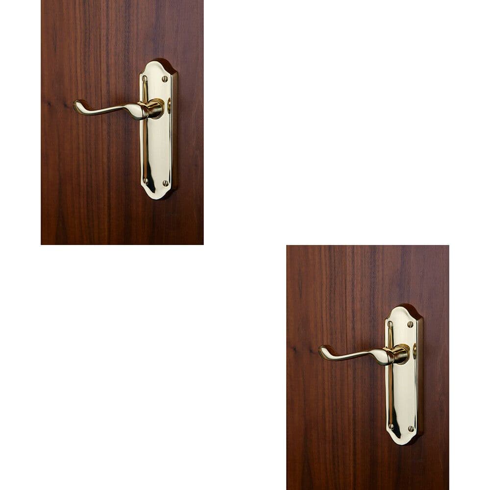 2x PAIR Victorian Upturned Handle on Latch Backplate 168 x 47mm Polished Brass