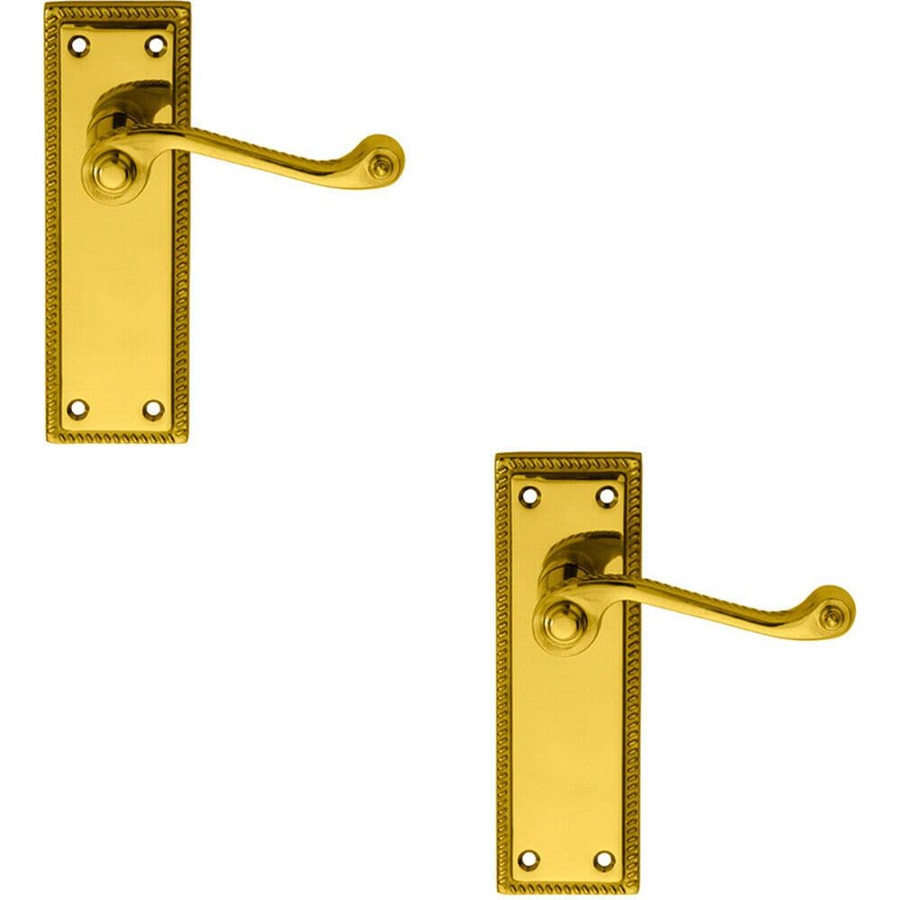 2x PAIR Reeded Design Scroll Lever on Latch Backplate 150 x 48mm Polished Brass
