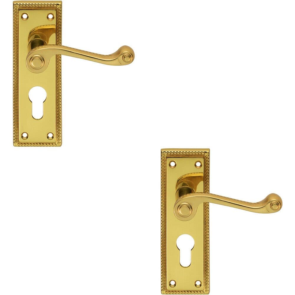 2x PAIR Reeded Design Scroll Lever on Euro Lock Backplate 150 x 48mm Brass