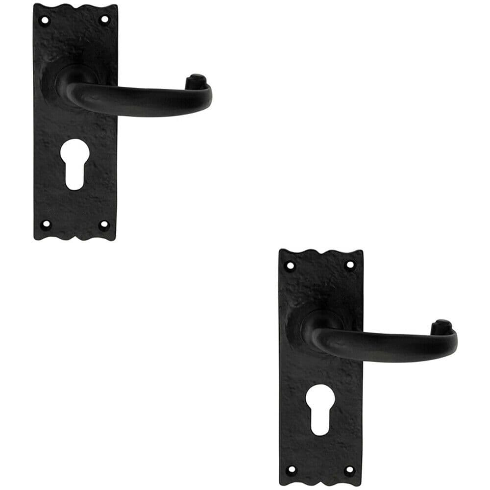 2x PAIR Forged Curved Handle on Euro Lock Backplate 155 x 54mm Antique