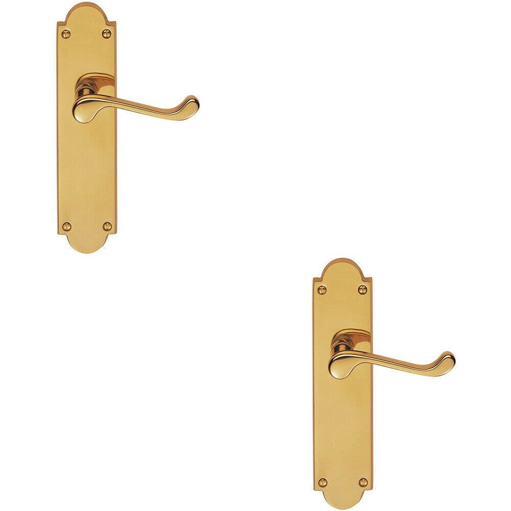 2x PAIR Victorian Scroll Handle on Latch Backplate 205 x 49mm Polished Brass