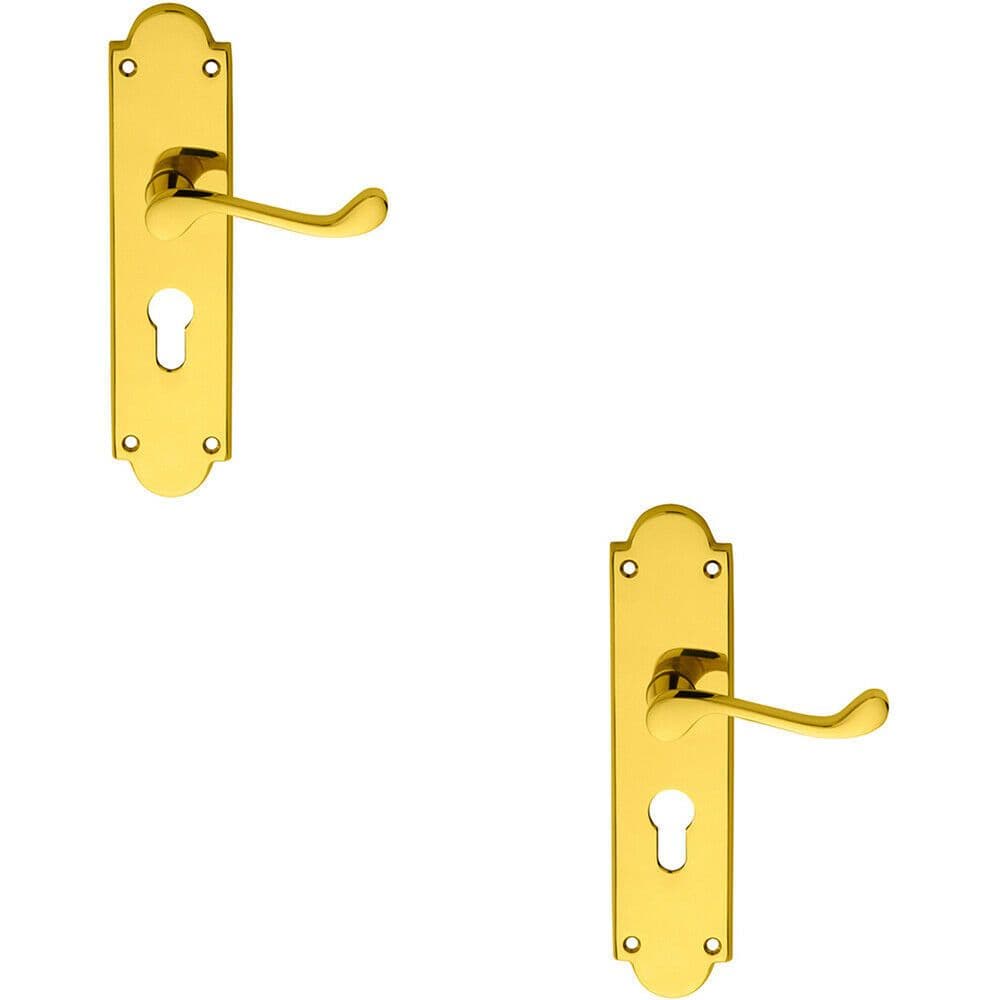 2x PAIR Victorian Scroll Lever on Euro Lock Backplate 205 x 49mm Polished Brass
