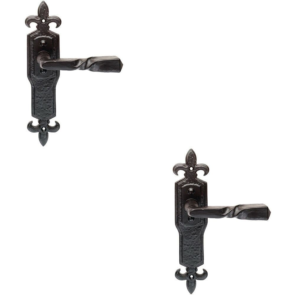 2x PAIR Forged Twisted Ornate Lever on Latch Backplate 226 x 50mm Antique