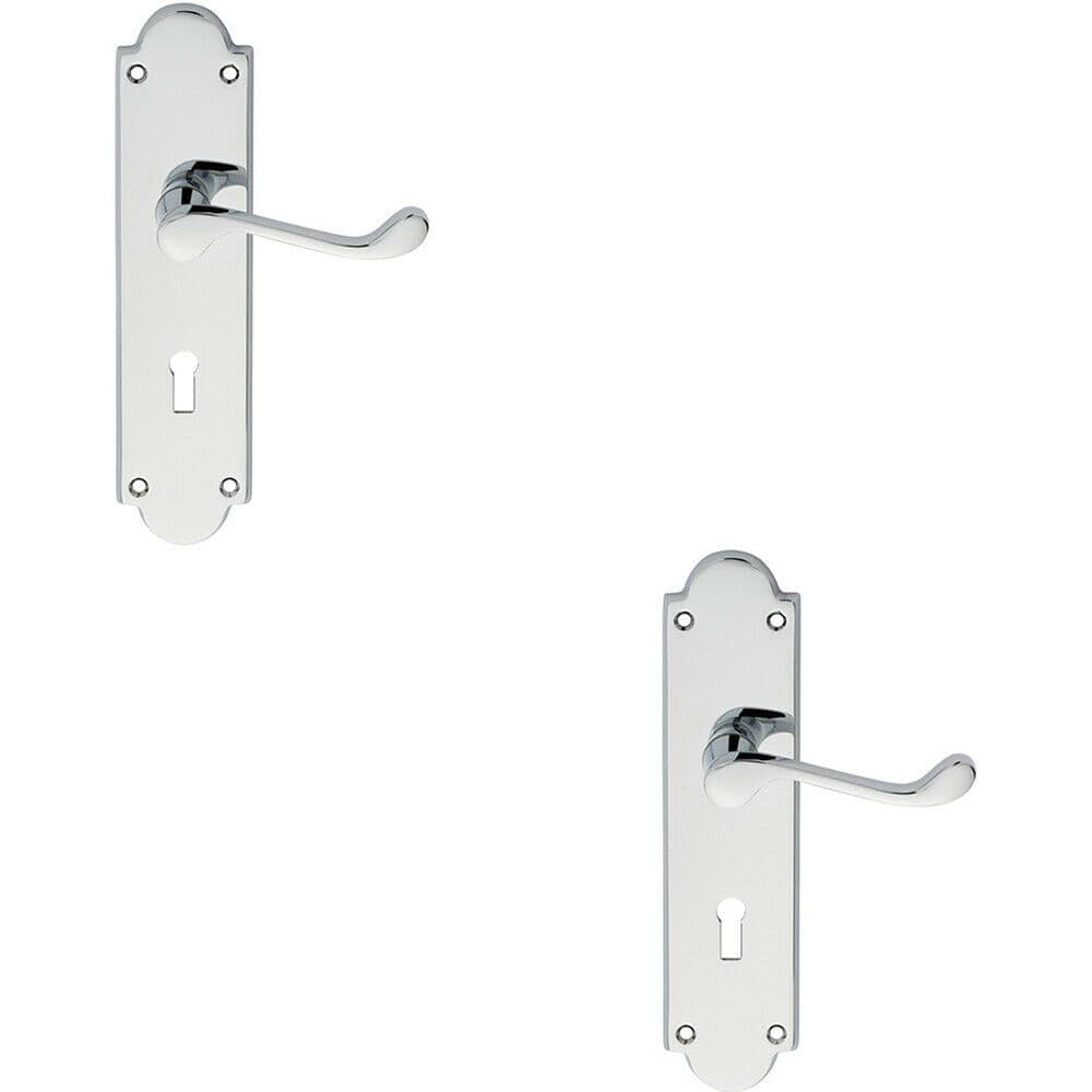 2x PAIR Victorian Scroll Handle on Lock Backplate 205 x 49mm Polished Chrome