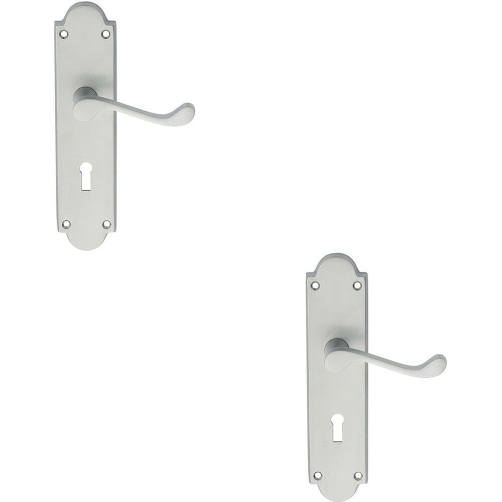 2x PAIR Victorian Scroll Handle on Lock Backplate 205 x 49mm Satin Chrome