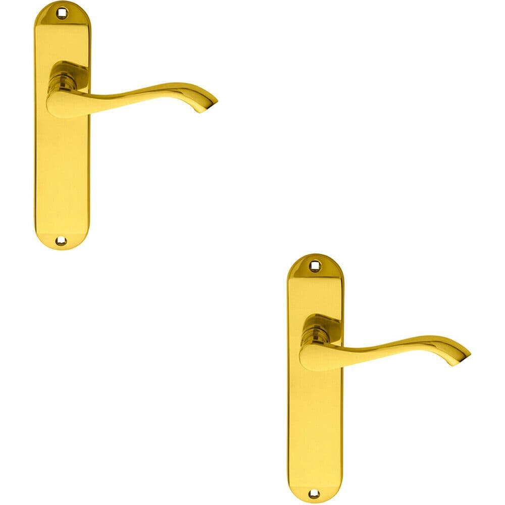 2x PAIR Curved Handle on Chamfered Latch Backplate 180 x 40mm Polished Brass