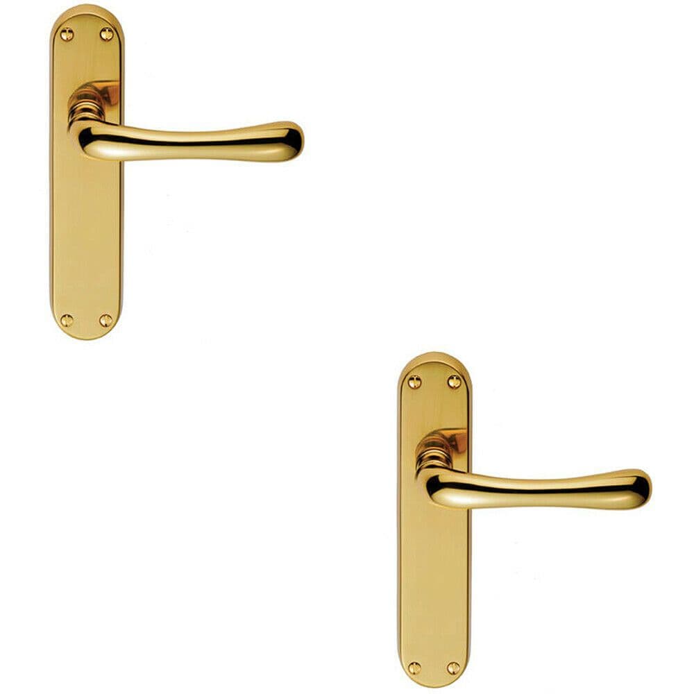 2x PAIR Smooth Rounded Lever on Shaped Latch Backplate 185 x 42mm Polished Brass