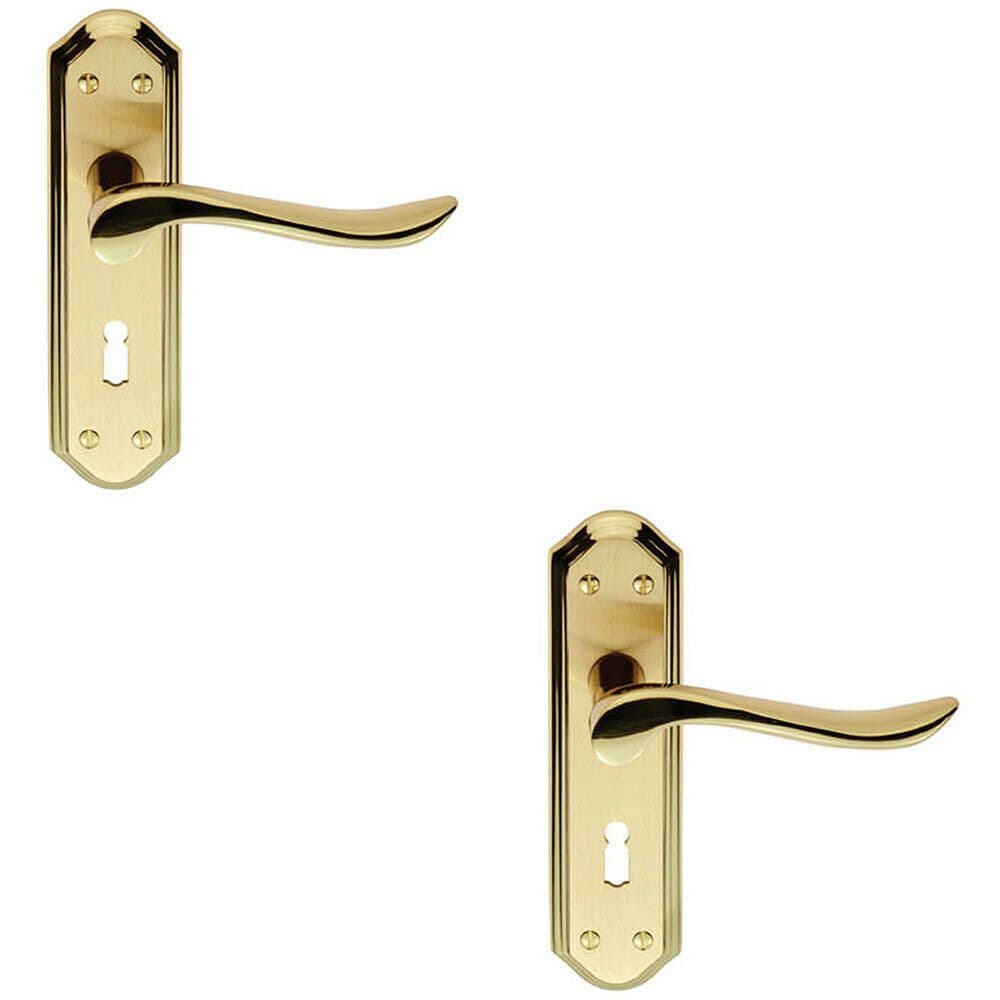 2x PAIR Curved Lever on Sculpted Edge Backplate 180 x 48mm Satin Polished Brass