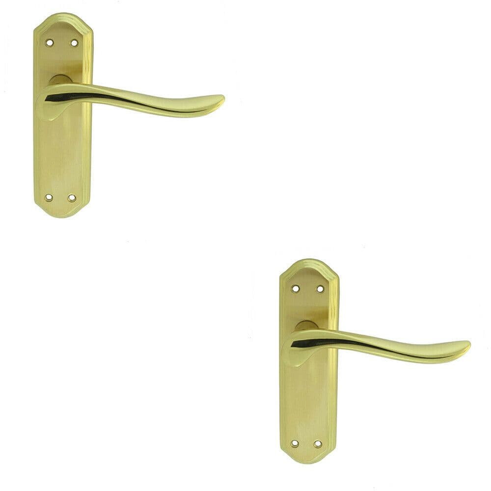 2x PAIR Curved Lever on Sculpted Latch Backplate 180 x 48mm Satin Polished Brass