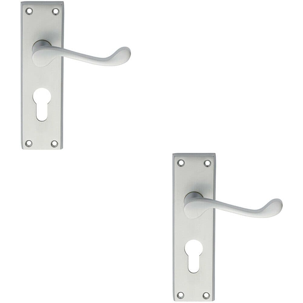 2x PAIR Victorian Scroll Handle on Euro Lock Backplate 150 x 43mm Satin Chrome