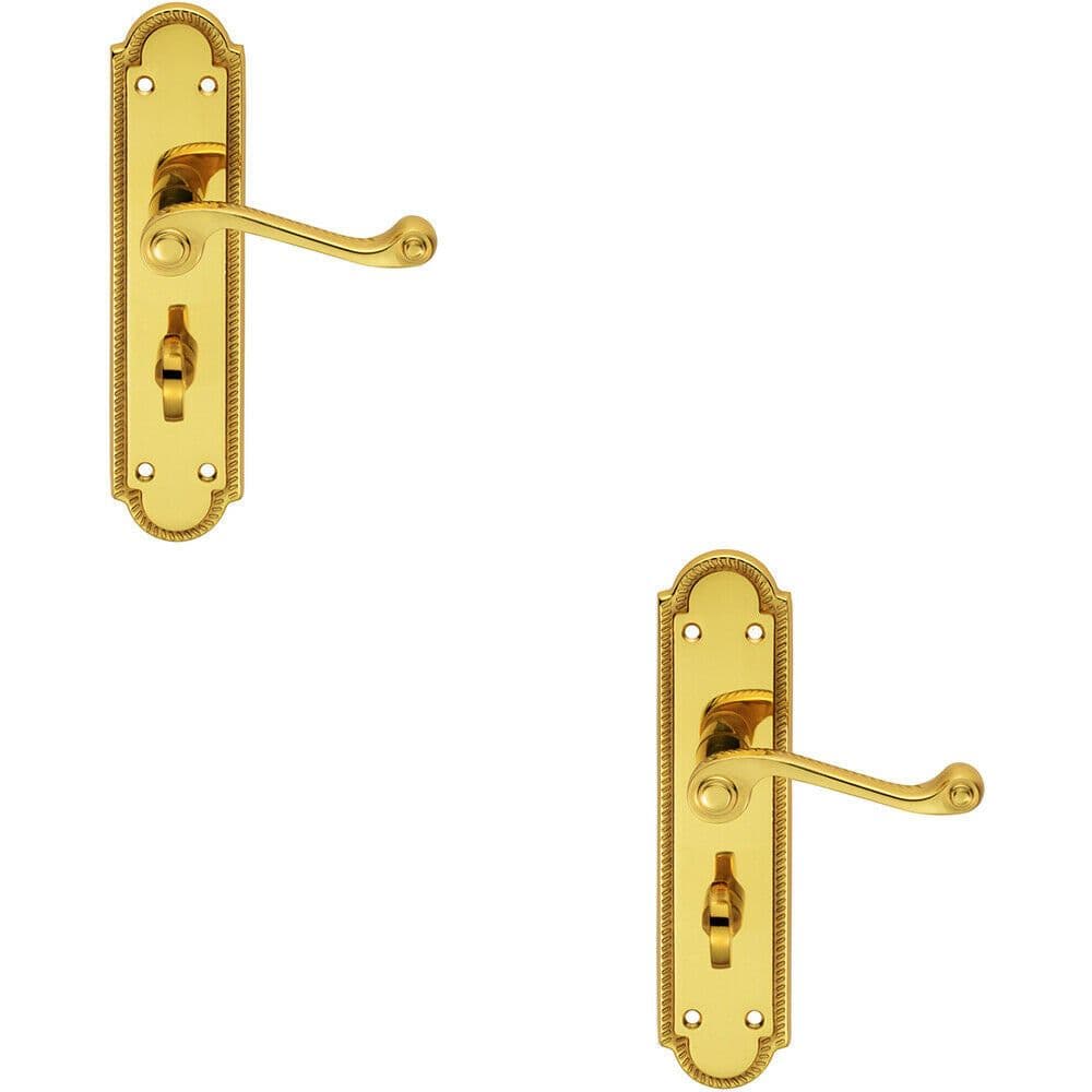 2x PAIR Reeded Scroll Lever on Shaped Bathroom Backplate 205 x 49mm Brass
