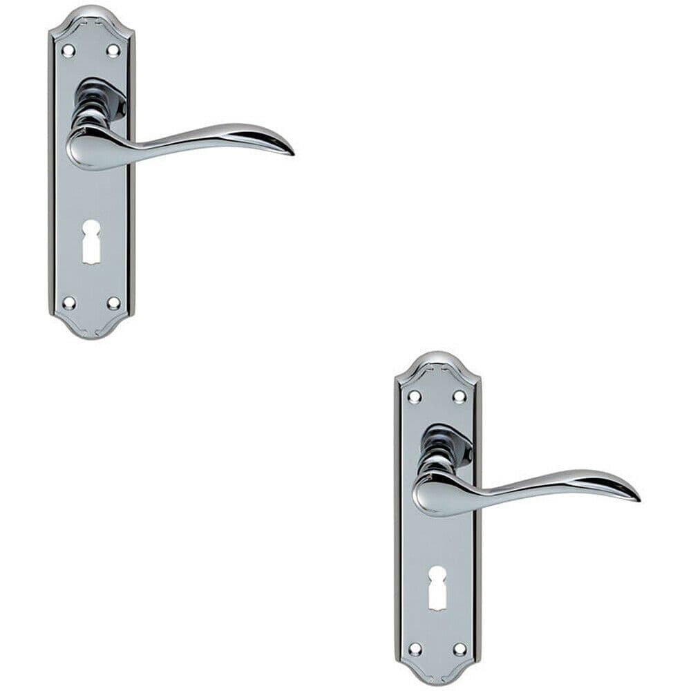 2x PAIR Curved Door Handle Lever on Lock Backplate 180 x 45mm Polished Chrome