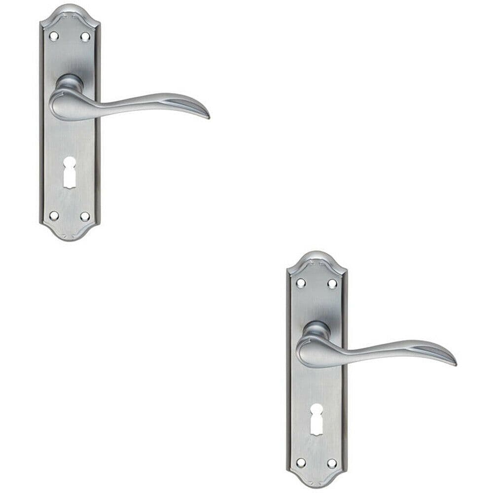 2x PAIR Curved Door Handle Lever on Lock Backplate 180 x 45mm Satin Chrome