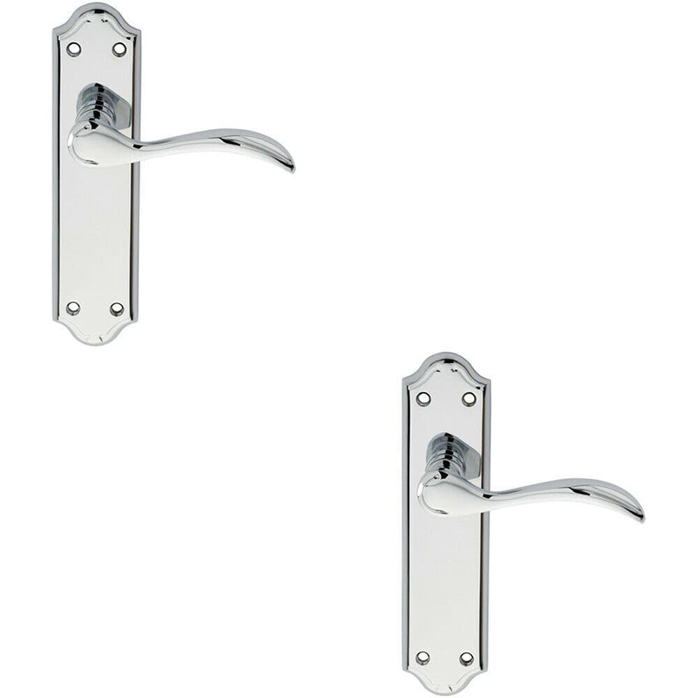 2x PAIR Curved Door Handle Lever on Latch Backplate 180 x 45mm Polished Chrome