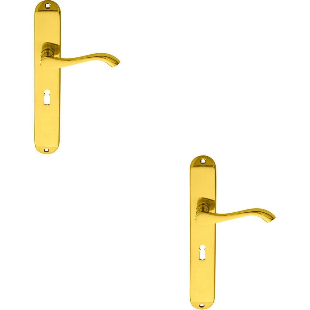 2x PAIR Curved Handle on Long Slim Lock Backplate 241 x 40mm Polished Brass