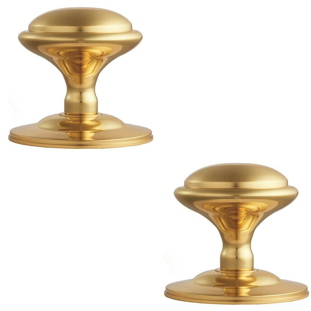 2x Round Victorian Centre Door Knob Polished Brass 85mm Outdoor Handle