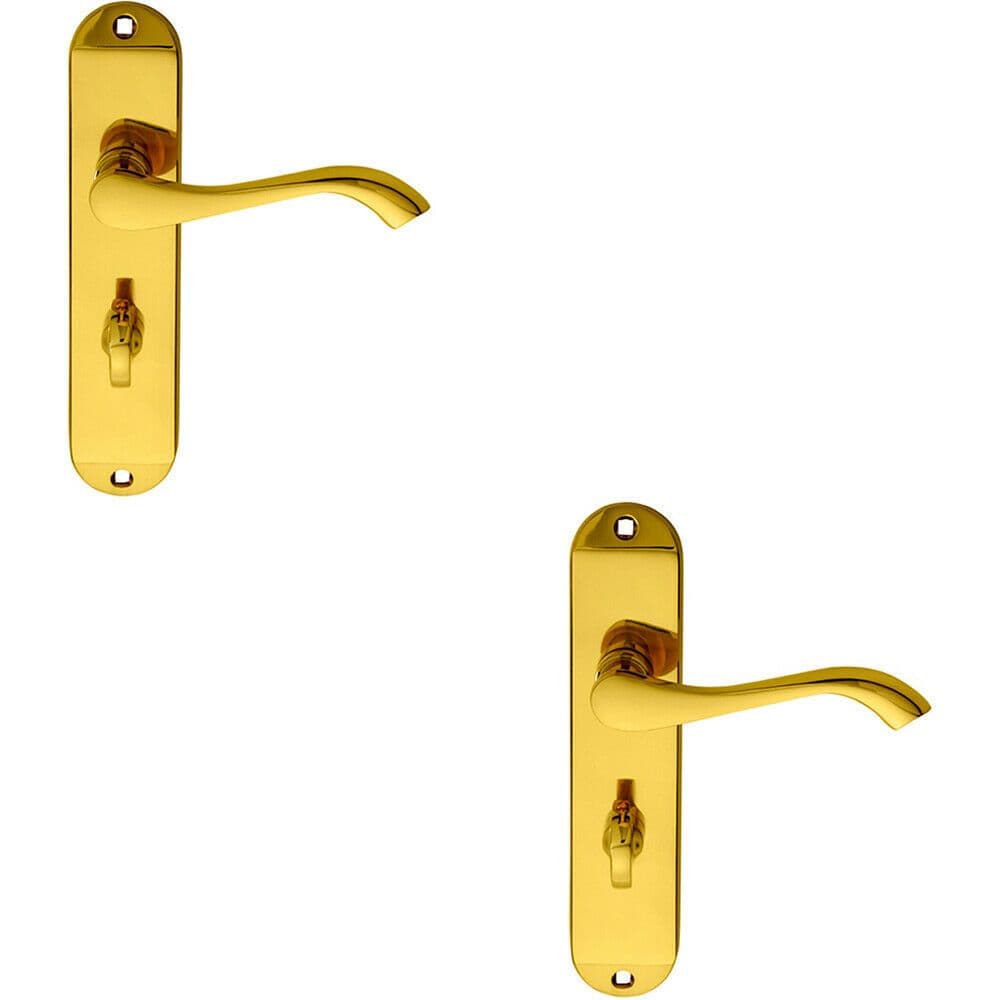 2x PAIR Curved Handle on Chamfered Bathroom Backplate 180 x 40mm Polished Brass