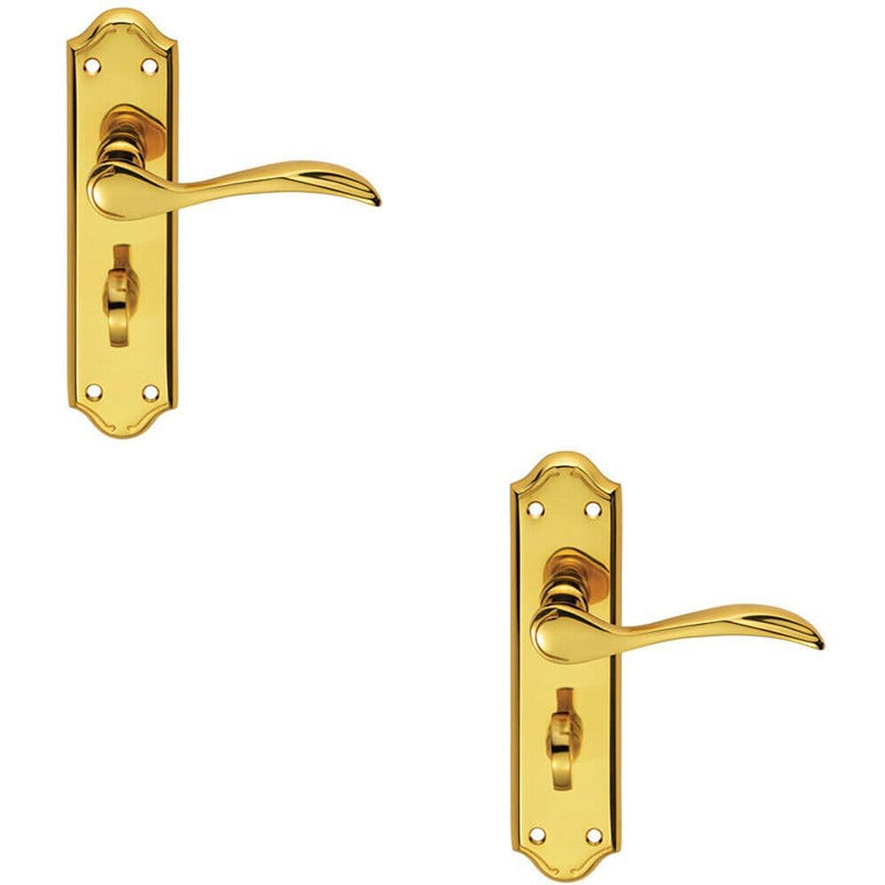 2x PAIR Curved Door Handle Lever on Bathroom Backplate 180 x 45mm Polished Brass