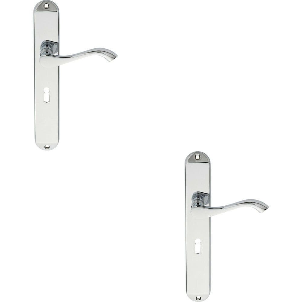 2x PAIR Curved Handle on Long Slim Lock Backplate 241 x 40mm Polished Chrome