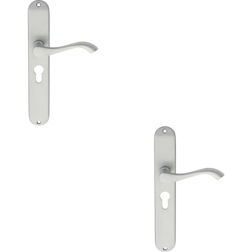 2x PAIR Curved Handle on Long Slim Euro Lock Backplate 241 x 40mm Satin Chrome