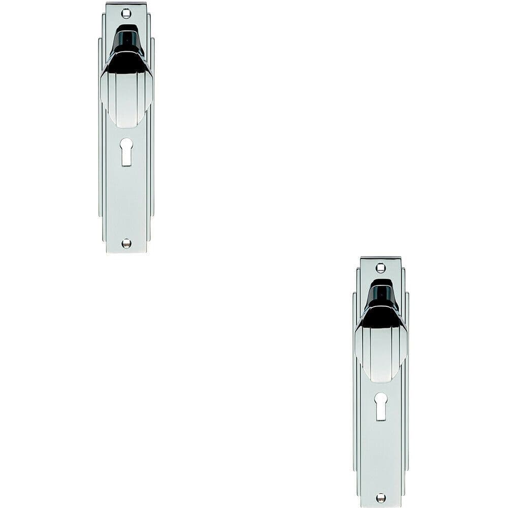 2x PAIR Line Detailed Door Knob on Lock Backplate 205 x 45mm Polished Chrome