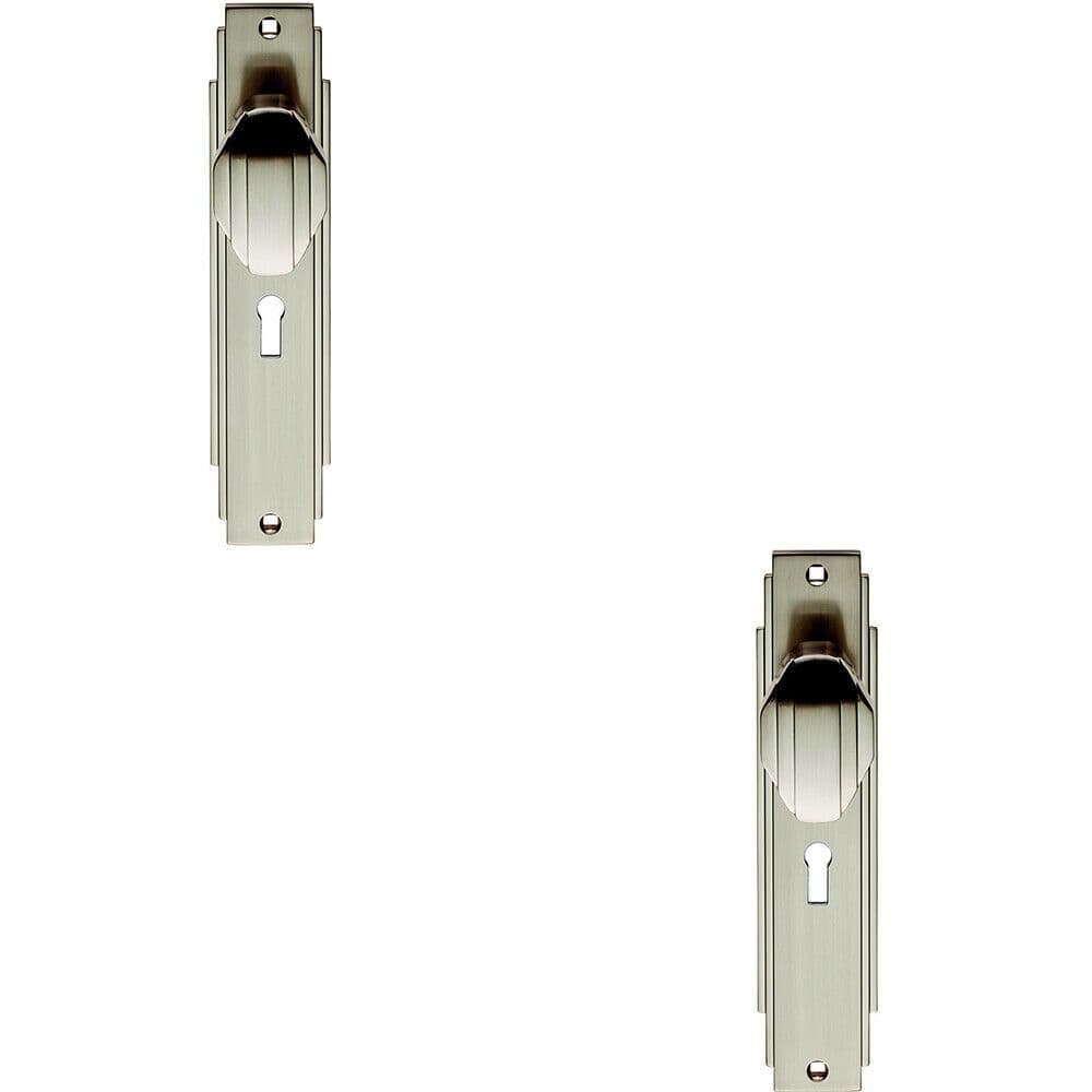 2x PAIR Line Detailed Door Knob on Lock Backplate 205 x 45mm Satin Nickel