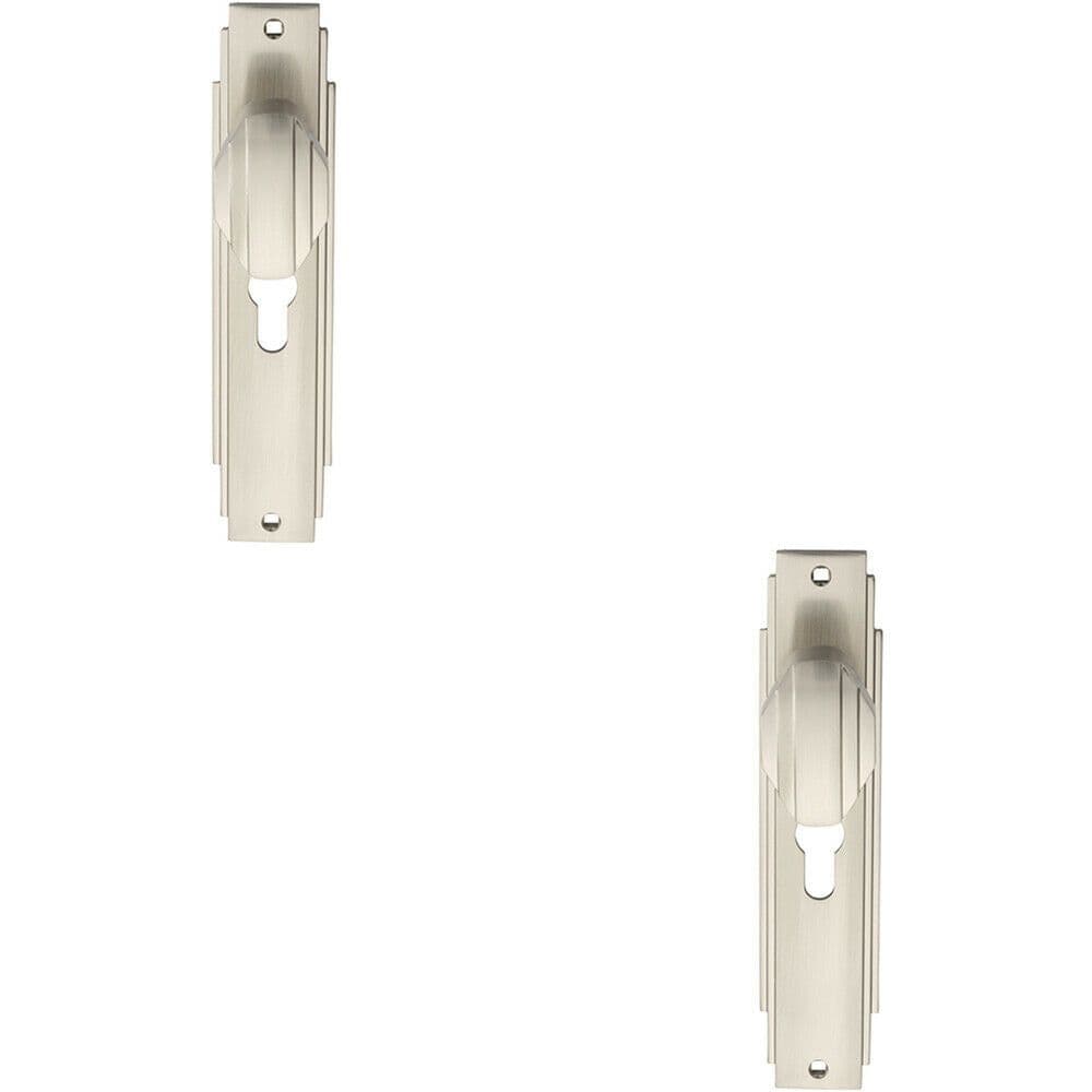 2x PAIR Line Detailed Door Knob on Euro Lock Backplate 205 x 45mm Satin Nickel
