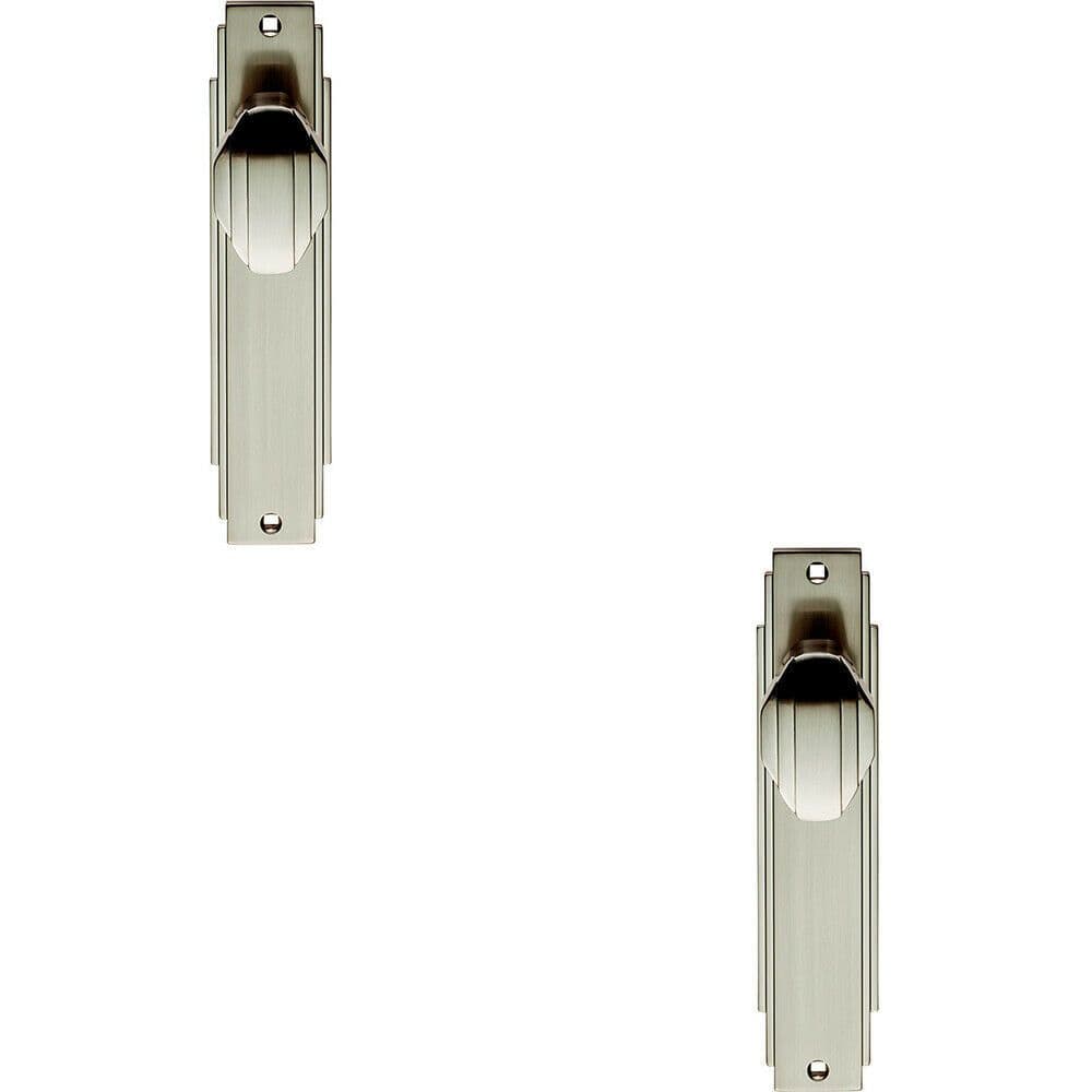 2x PAIR Line Detailed Door Knob on Latch Backplate 205 x 45mm Satin Nickel