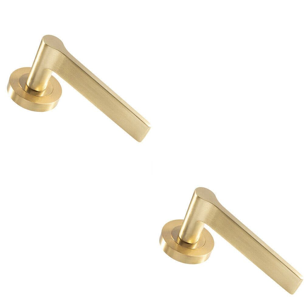 2x PAIR Straight Rounded Handle on Round Rose Concealed Fix Satin Brass
