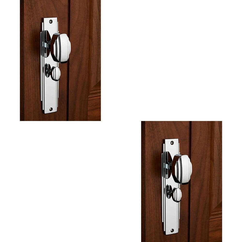 2x PAIR Line Detailed Door Knob on Bathroom Backplate 205 x 45mm Polished Chrome