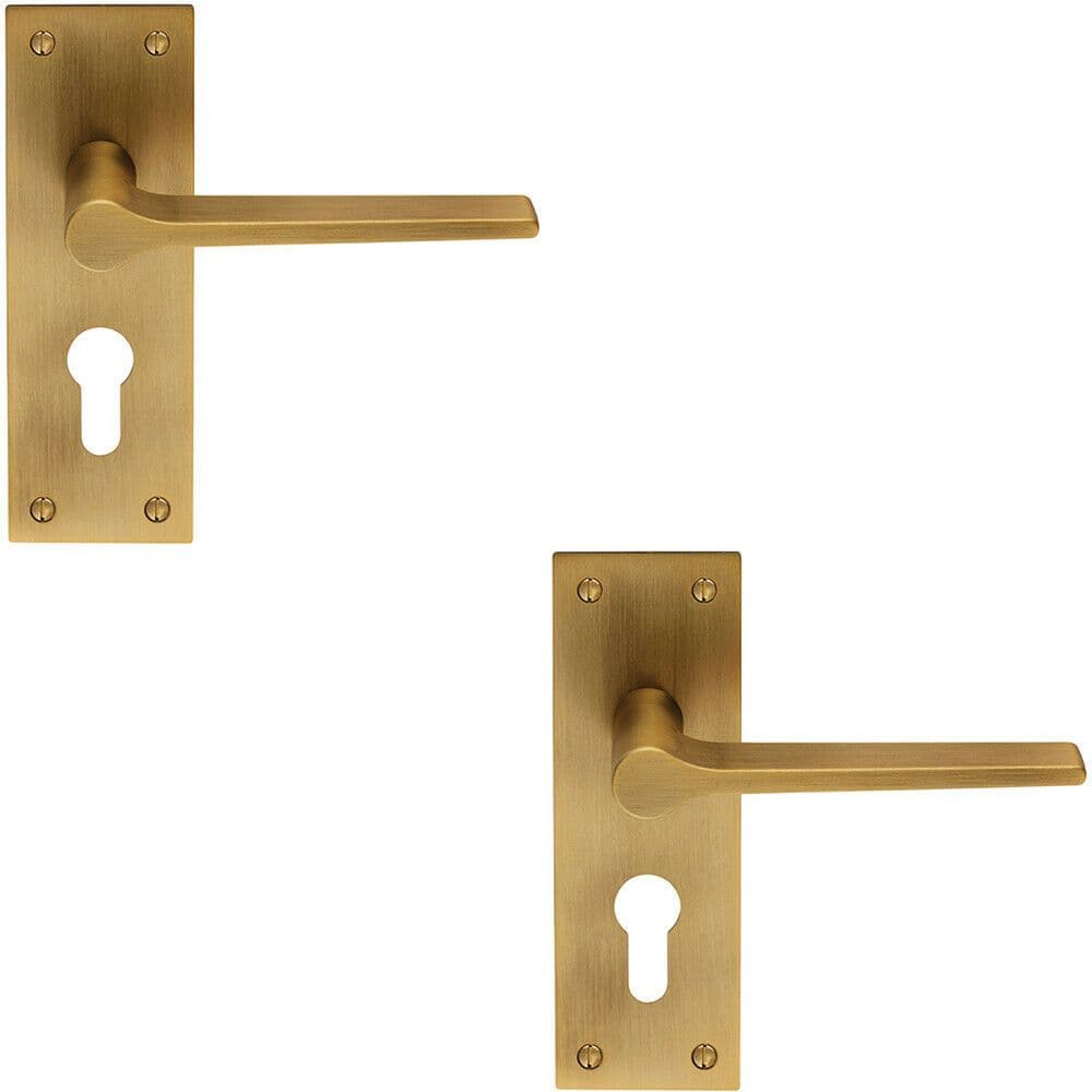 2x PAIR Flat Straight Lever on Slim Euro Lock Backplate 150 x 50mm Antique Brass