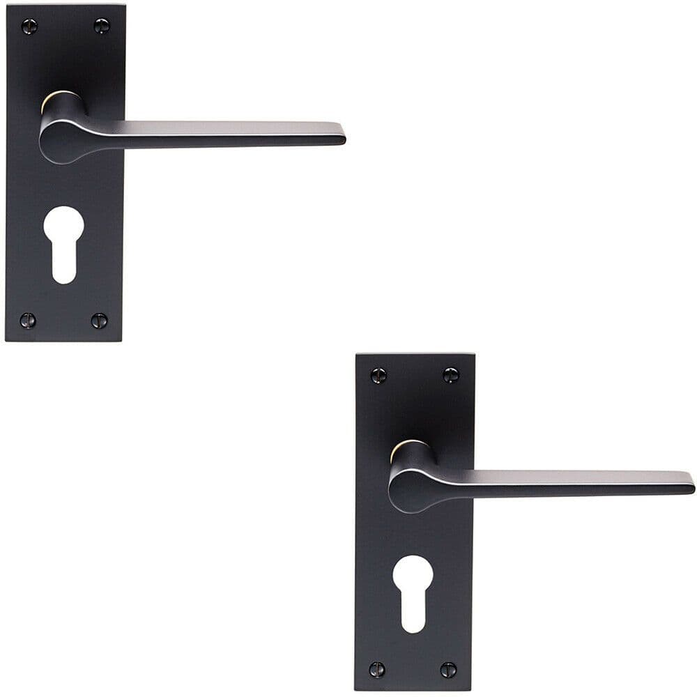 2x PAIR Flat Straight Handle on Slim Euro Lock Backplate 150 x 50mm Matt Black