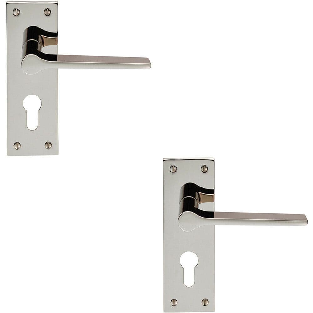 2x PAIR Flat Straight Lever on Slim Euro Lock Backplate 150 x 50mm Nickel