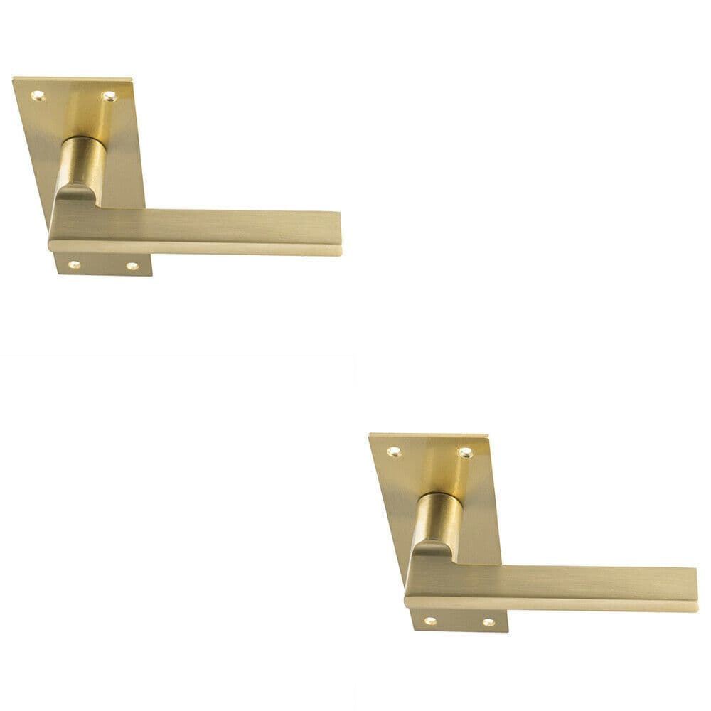 2x PAIR Straight Bar Handle on Slim Lock Backplate 150 x 50mm Satin Brass
