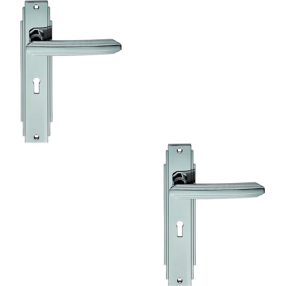 2x PAIR Line Detailed Handle on Lock Backplate 205 x 45mm Polished Chrome