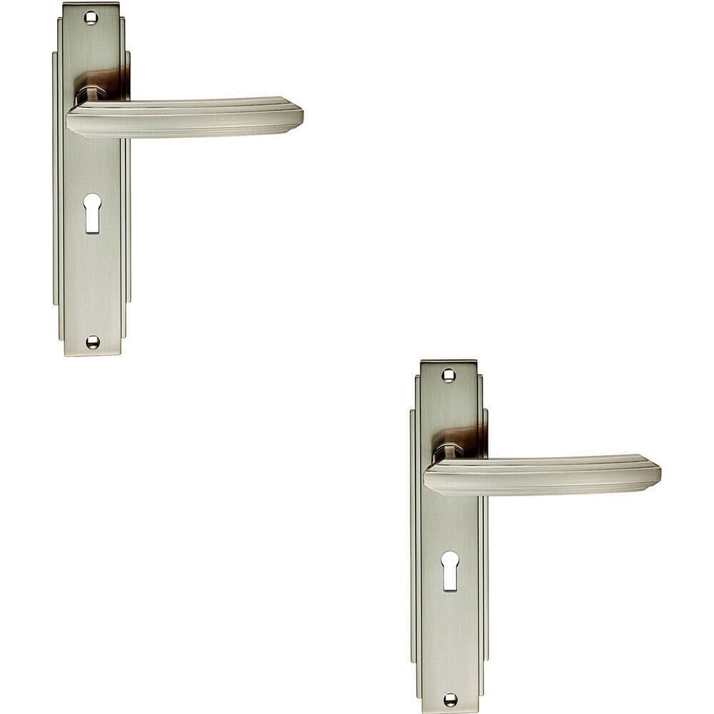 2x PAIR Line Detailed Handle on Lock Backplate 205 x 45mm Satin Nickel