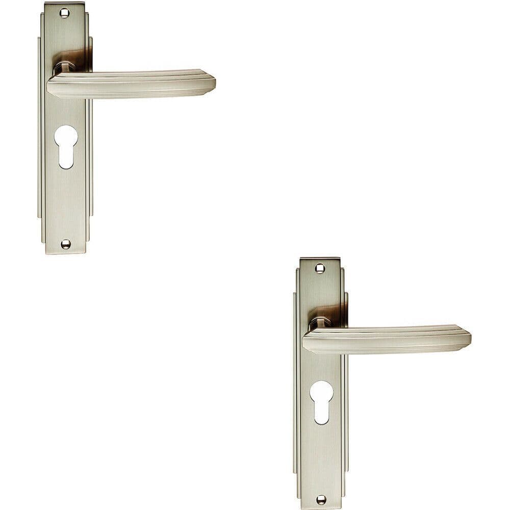 2x PAIR Line Detailed Handle on Euro Lock Backplate 205 x 45mm Satin Nickel