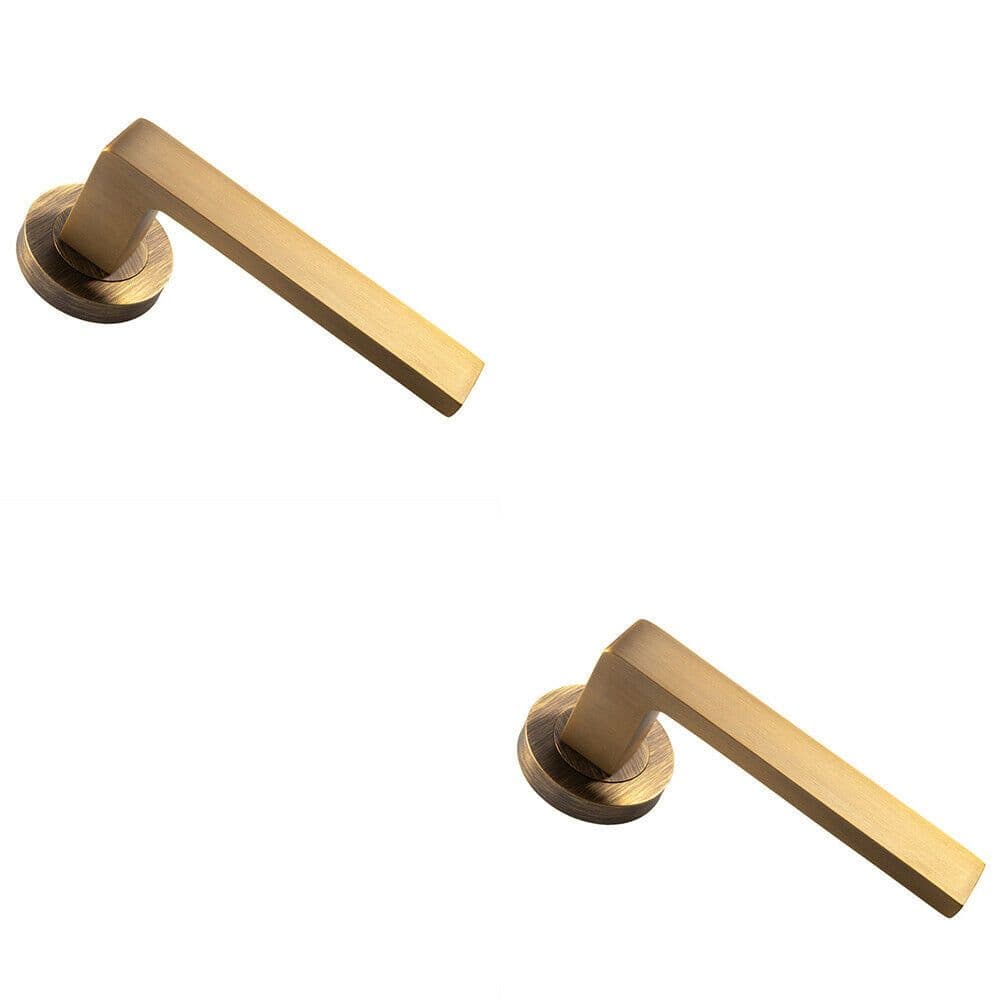 2x PAIR Straight Square Handle on Round Concealed Fix Antique Brass