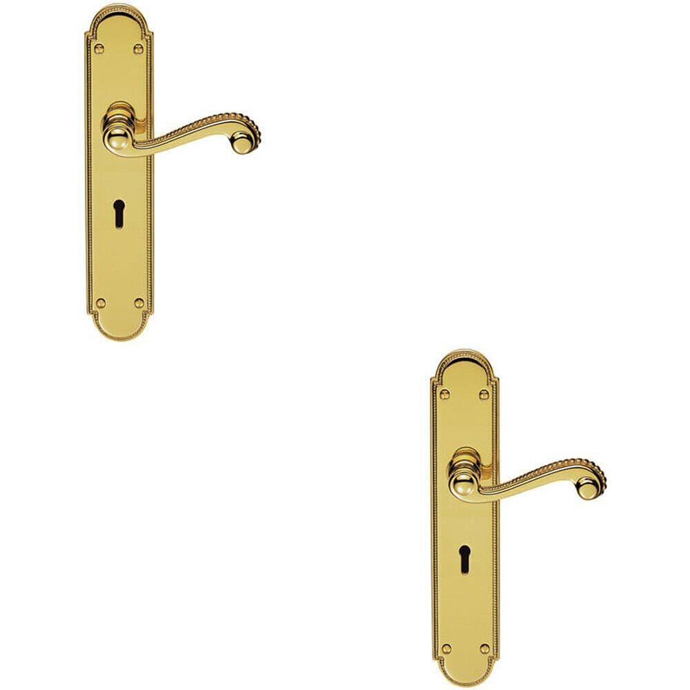 2x PAIR Beaded Pattern Handle on Lock Backplate 249 x 50mm Polished Brass