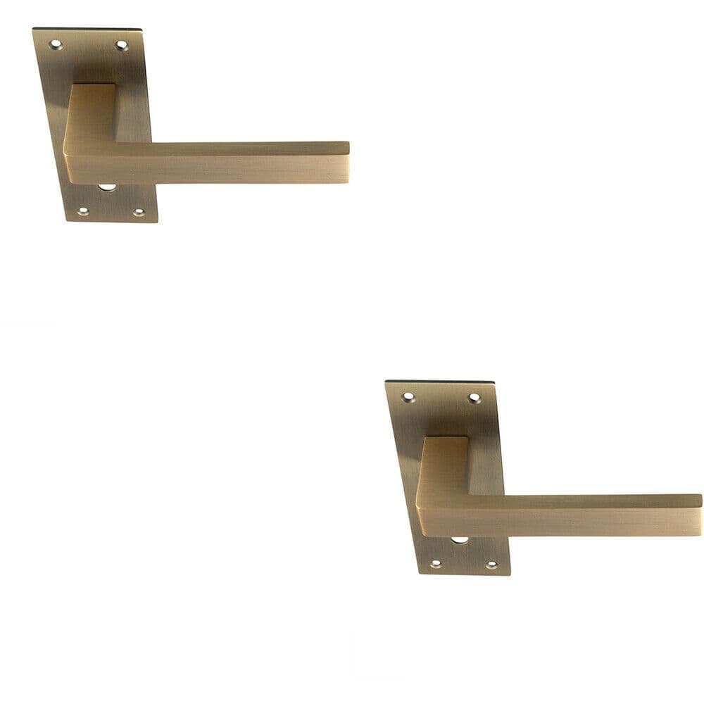 2x PAIR Straight Square Handle on Slim Lock Backplate 150 x 50mm Antique Brass