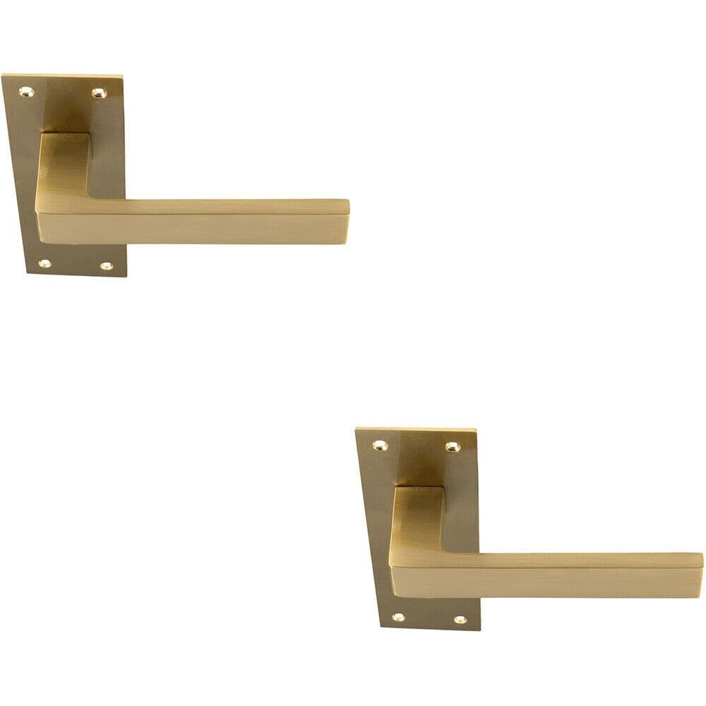 2x PAIR Straight Square Handle on Slim Lock Backplate 150 x 50mm Satin Brass